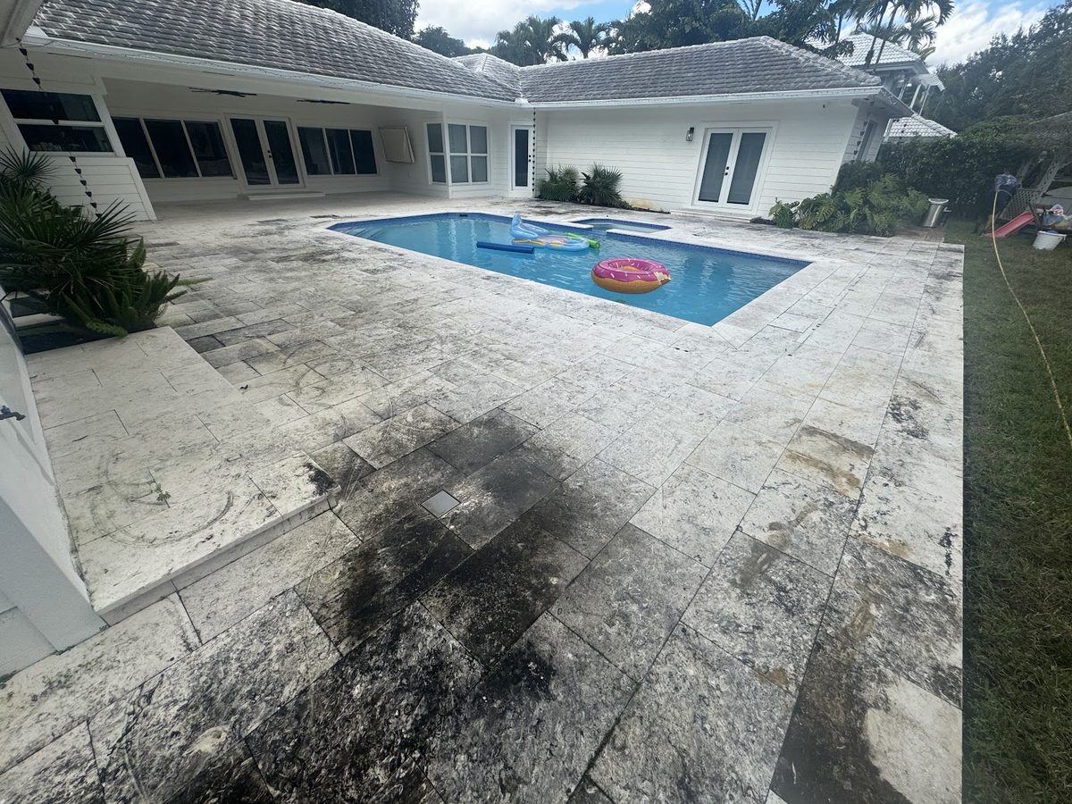 Pool deck before cleaning — black organic staining