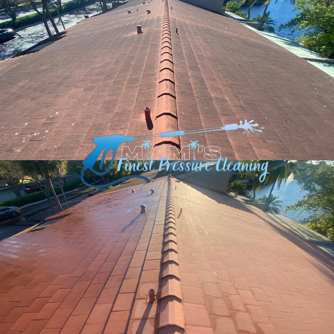 Roof washing in progress, mid-clean split