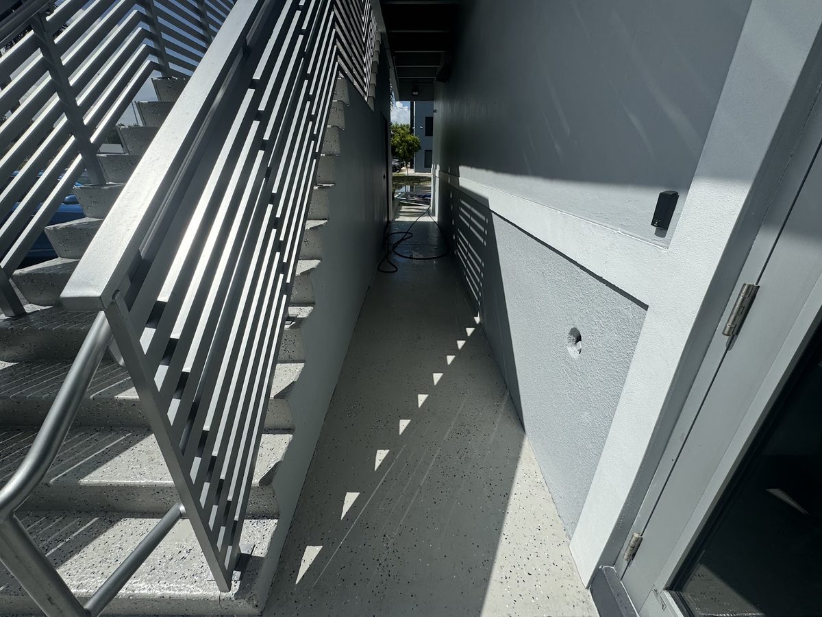 Stairwell and screen walls, detail cleaned